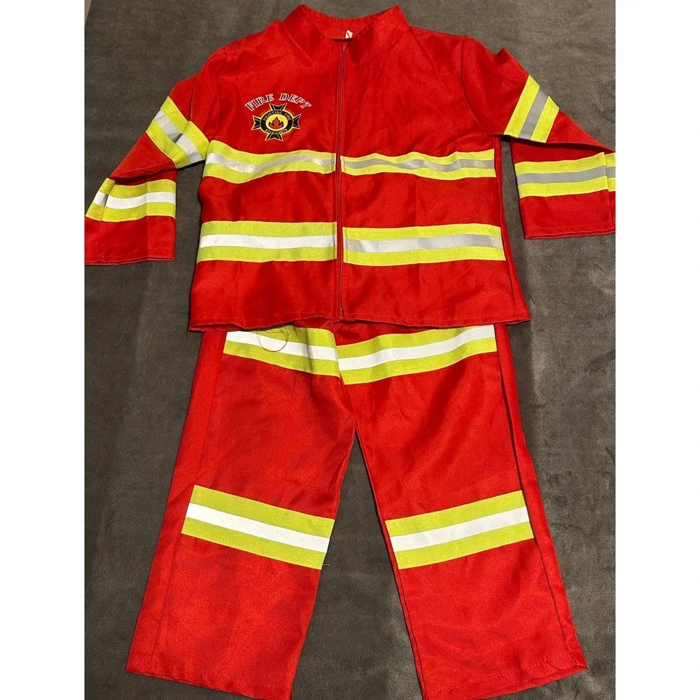 Kids Red Firefighter Costume Jacket and Pants Set Fire Dept Size 110 4/5